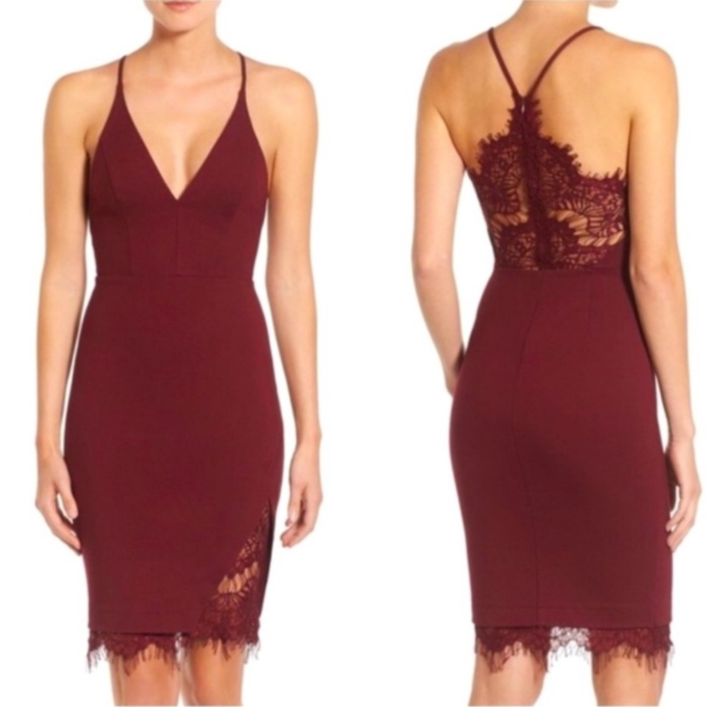 ASTR The Label Burgundy Lace Bodycon Midi Dress